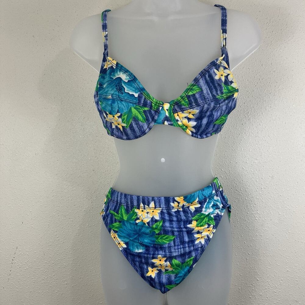 Vintage 90s Blue Floral Two Piece Bikini Swimsuit Womens Size 14